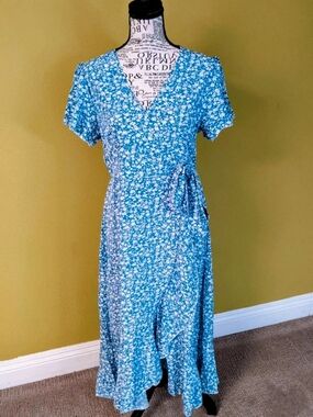 Blue Floral Wrap Midi Dress - Women